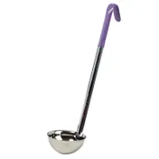 Winco LDC-6P 6 oz. Allergen Free Purple Handle One-Piece Stainless Steel Ladle 1 image