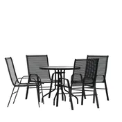 Flash Furniture TLH-0702303C-GG Brazos 5 Piece Outdoor Patio Dining Set with 31.5" Round Tempered Glass Table and 4 Black Flex Comfort Stack Chairs 1 image