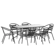 Flash Furniture TLH-089REC-017CBK6-GG Lila 7 Piece Patio Dining Set - 55" Tempered Glass Table with Umbrella Hole, 6 Black Aluminum Chairs 1 image