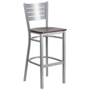 Flash Furniture XU-DG-60402-BAR-MAHW-GG Hercules Series Restaurant Bar Stool, Metal Slat Back, Mahogany Finish Wood Seat, Silver Powder Coated Steel Frame 1 image