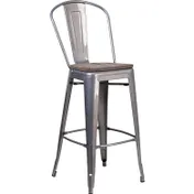 Flash Furniture XU-DG-TP001B-30-WD-GG 30.5" Bar Stool, Metal Slatted Back, Wood Seat, 500 lb, Silver 1 image