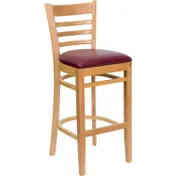 Flash Furniture XU-DGW0005BARLAD-NAT-BURV-GG Hercules Series Wood Ladder Back Restaurant Bar Stool with Burgundy Vinyl Upholstered Seat 1 image