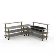 Steelite MGCMLB01GBXW 100" Modular Buffet Station, 3-Tier, Stainless Steel & Laminated Wood, Brushed Brass Casters 1 image