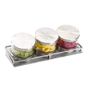 Cal-Mil 1850-4-55 Cold Condiment Display, (3) 16 Oz. Round Glass Jars With Silicone Lined Stainless Steel Solid Lids 1 image