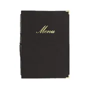 American Metalcraft MCCRLSBL Menu Cover - 10" x 13" Black Leather, Gold Lettering, Spine, Plastic Inserts 1 image
