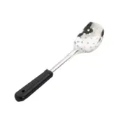 Browne USA 5763 Perforated 13" Serving Spoon, 3-Sided Stainless Steel, Black Handle, Hanging Hole 1 image