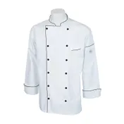 Mercer M62090WB1X Chef Coat - XLarge White Poly/Cotton LongSleeve, 12 Black Buttons, Pockets, Piping 1 image
