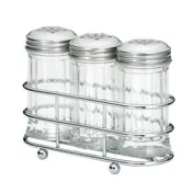 TableCraft Products 659N Dispenser Set, Three 2 oz Fluted Glass Shakers with Steel Tops, Chrome Rack 1 image