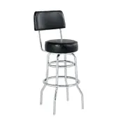 ATS SR-3 BV Swivel Bar Stool, Upholstered Back, Round Upholstered Seat, Black Vinyl, Chrome Ring Base, Enamel Finish 1 image