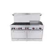 BakeMax BAS36-24-2 60" Gas Restaurant Range w/ (6) Open Burners, (1) 24" Griddle, (2) Standard Ovens, 282.000 BTU   1 image