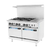 Turbo Air TARG-6B12G 48" Gas Restaurant Range w/ (6) Open Burners, 12" Griddle Right, (2) Standard Oven, 284.000 BTU  1 image