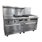 Vulcan 72SS-24G4B24CB 72" Gas Restaurant Range w/ (4) Open Burners, 24" Griddle Left, 24" Charbroiler Right, (2) Standard Ovens, 294.000 BTU 1 image