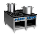 image of Comstock-Castle 2CSP36 36" Gas Stock Pot Range w/ (4) Three Ring Burners, Side to Side Design, Manual Control, 440.000 BTU