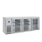 image of BK Resources SSBB-3G-85 85" Back Bar Cooler, 3‑Glass Doors, Stainless, R290, 6 Shelves, 33‑41°F