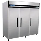 image of Hubert 42300 81" 3-Solid Door Reach-In Freezer, Top Mounted, 72 cu. ft., Stainless Steel