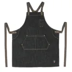 image of Winco BADN-3126 Bib Apron – 31.75" L x 26.75" W, blue denim with brown straps, cotton/poly blend, 3 pockets, washable