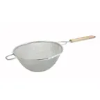 image of Winco MSTF-10D 10 1/4" Diameter Double Mesh Strainer, Round w/ Wood Handle 