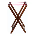 image of Winco TR-33W Tray Stand – 32" High Rubberwood, Walnut Finish, Brown Frame, Red Strap, Wood Serving Stand