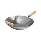 image of Winco J20-1140 Joyce Chen Uncoated Carbon Steel Round Bottom Wok with Birch Handles, 14"