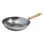image of Winco J21-9979 Joyce Chen Uncoated Carbon Steel Stir Fry Pan with Birch Handle, 12"