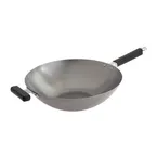 image of Winco J22-0060 Joyce Chen Uncoated Carbon Steel Flat Bottom Wok with Phenolic Handles, 14"