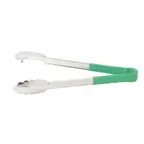 image of Winco UT-12HP-G 12" Stainless Steel Utility Tongs w/ Plastic Handle, Green