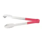 image of Winco UT-12HP-R 12" Stainless Steel Utility Tongs w/ Plastic Handle, Red