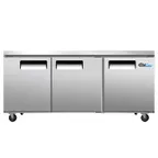 image of Coldline UC-72RT 72" 3 Solid Door Worktop Refrigerator, Self-Contained, 19 cu. ft.