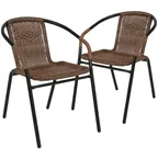 image of Flash Furniture 2-TLH-037-DK-BN-GG Stackable Outdoor Chair Set of 2, 352 lb Weight Capacity, Rattan Wicker Seat & Back, Powder Coated Metal Frame, Medium Brown Finish