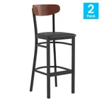 image of Flash Furniture 2-XU-DG6V6BV-WAL-GG Wright Bar Stools, Set 2, 500 lb, Black Vinyl Seat, Walnut, Boomerang Back