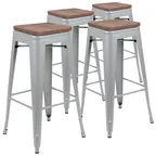 image of Flash Furniture 4-ET-31320W-30-SV-R-GG Bar Stools, 30" Height, 16"×16" Wood Seat, 500 lb, Silver, 4 Pack