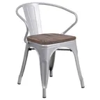 image of Flash Furniture CH-31270-SIL-WD-GG Silver Armchair, 500 lb. Weight Capacity, Metal Frame, Wood Seat, Stackable