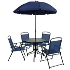 image of Flash Furniture GM-202012-NV-GG Nantucket 31 Round Patio Table Set, 28H, Navy Blue, 4 Folding Arm Chairs, Textilene, Glass Top