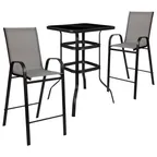 image of Flash Furniture TLH-073H092H-GR-GG 2-Person Outdoor Bistro Set, 27" Square Glass Table, 40"H, 2 Gray Stools