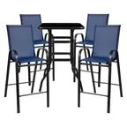 image of Flash Furniture TLH-073H092H4-NV-GG 4-Person Outdoor Dining Set, 27x27 Square Glass Table, Navy Stools, 40 Height