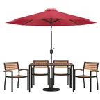 image of Flash Furniture XU-DG-304860064-UB19BRD-GG 48" Rectangular Patio Dining Table Set with Red Umbrella, 29"H, 4 Stacking Chairs, Teak Accents