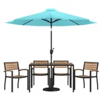 image of Flash Furniture XU-DG-304860064-UB19BTL-GG 48" Rectangular Patio Dining Table Set with Teal Umbrella and 4 Stacking Chairs