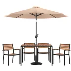 image of Flash Furniture XU-DG-304860064-UB19BTN-GG 48"W Rectangular Patio Dining Table Set with 4 Stacking Chairs, Tan Umbrella, Steel Frame
