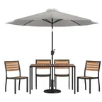 image of Flash Furniture XU-DG-304860364-UB19BGY-GG 48" Rectangular Patio Dining Table Set, Synthetic Teak, Gray Umbrella, 4 Stacking Chairs