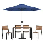 image of Flash Furniture XU-DG-304860364-UB19BNV-GG 48" Rectangular Patio Dining Table Set, Synthetic Teak, Navy Umbrella, 4 Stacking Chairs