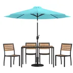 image of Flash Furniture XU-DG-304860364-UB19BTL-GG 48" Rectangular Patio Dining Table Set with 4 Stacking Chairs, Teal Umbrella, Synthetic Teak