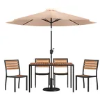 image of Flash Furniture XU-DG-304860364-UB19BTN-GG 48" Rectangular Patio Dining Table Set, Synthetic Teak, 29"H, 4 Stacking Chairs, Tan Umbrella