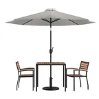 image of Flash Furniture XU-DG-810060062-UB19BGY-GG 35" Square Patio Dining Table Set with Gray Umbrella and 2 Stacking Chairs