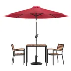 image of Flash Furniture XU-DG-810060062-UB19BRD-GG 35" Square Patio Dining Table Set with Red Umbrella, 29"H, 2 Stacking Chairs