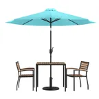 image of Flash Furniture XU-DG-810060062-UB19BTL-GG 35" Square Patio Dining Table Set, Synthetic Teak, Teal Umbrella, 2 Stacking Chairs