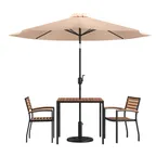 image of Flash Furniture XU-DG-810060062-UB19BTN-GG 35" Square Patio Dining Table Set with 2 Stacking Chairs, Tan Umbrella, Steel Frame