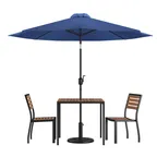 image of Flash Furniture XU-DG-810060362-UB19BNV-GG 35" Square Patio Dining Table Set, Navy Umbrella, 2 Stacking Faux Teak Chairs