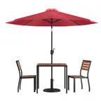 image of Flash Furniture XU-DG-810060362-UB19BRD-GG 35" Square Patio Dining Table Set with Red Umbrella and 2 Stacking Chairs