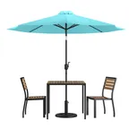 image of Flash Furniture XU-DG-810060362-UB19BTL-GG 35" Square Patio Dining Table Set, Synthetic Teak, Steel Frame, Teal Umbrella, 2 Stacking Chairs