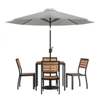 image of Flash Furniture XU-DG-810060364-UB19BGY-GG 35" Square Patio Dining Table Set with 4 Stacking Faux Teak Chairs and Gray Umbrella